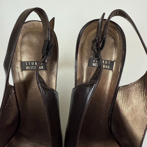 Stuart Weitzman Brown Pumps Pointed Toe Kitten Heel Sling Back Heels - Picture 8 of 10